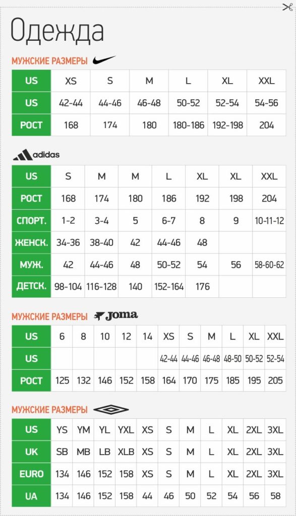 Таблица размеров формы для мини футбола
